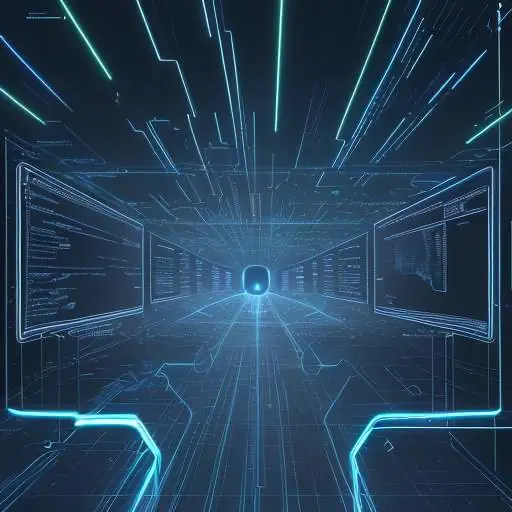 Eine futuristische digitale Landschaft mit leuchtenden Datenpfaden, die verschiedene Geschäftsbereiche wie Logistik und Kundensupport in einer modernen Cloud-Umgebung miteinander verbinden.