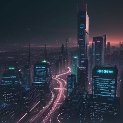 Eine futuristische Skyline bei Sonnenuntergang, in der Gebäude mit leuchtenden Glasfasern und Datenströmen durchzogen sind, die eine KI-gesteuerte Wirtschaft symbolisieren.