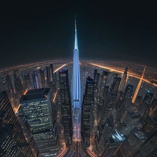 Eine futuristische Smart City bei Nacht mit leuchtenden Datenverbindungen, die Gebäude mit einer zentralen Spitze vernetzen und eine harmonische Verbindung zwischen moderner Technologie und Natur zeigen.