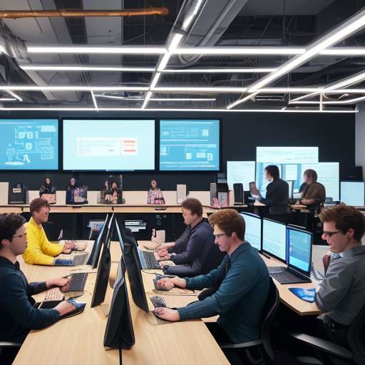 Eine Gruppe von Fachleuten arbeitet in einem modernen Co-Working-Space zusammen, während digitale Symbole für automatisierte Aufgaben zwischen Laptops fließen und die nahtlose Integration verschiedener Web-Tools visualisieren.