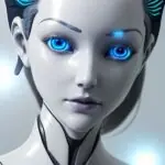 An illustration of a futuristic female android featuring glowing blue eyes, sleek white skin, and dark hair with cyan highlights. She has visible mechanical components integrated into her neck against a soft-lit background.