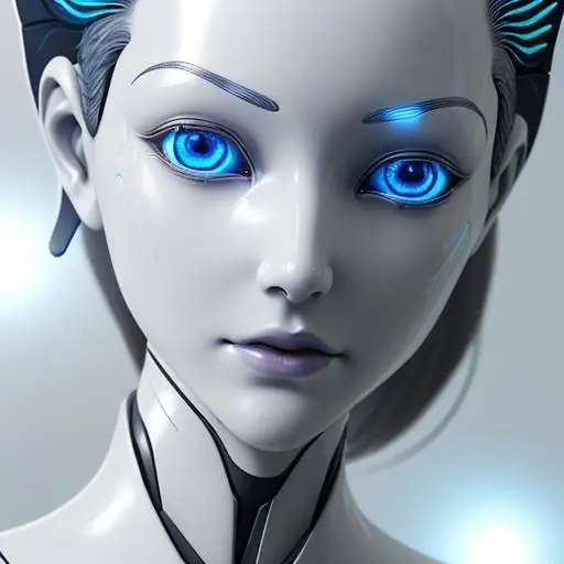 An illustration of a futuristic female android featuring glowing blue eyes, sleek white skin, and dark hair with cyan highlights. She has visible mechanical components integrated into her neck against a soft-lit background.