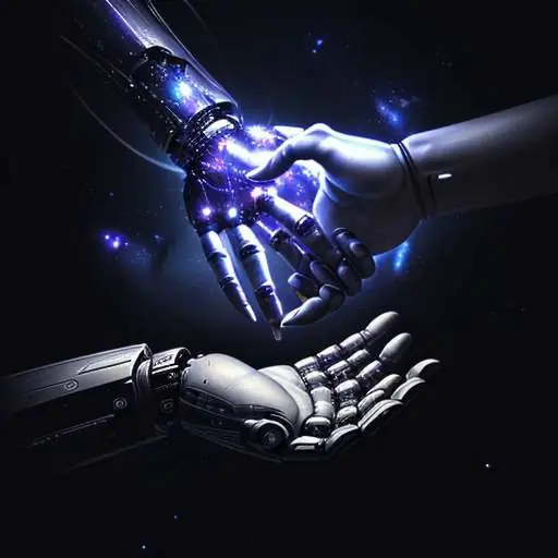 A human hand and a metallic robotic arm reach toward each other against a dark background filled with glowing blue particles, while another robotic hand reaches up from the bottom of the frame.