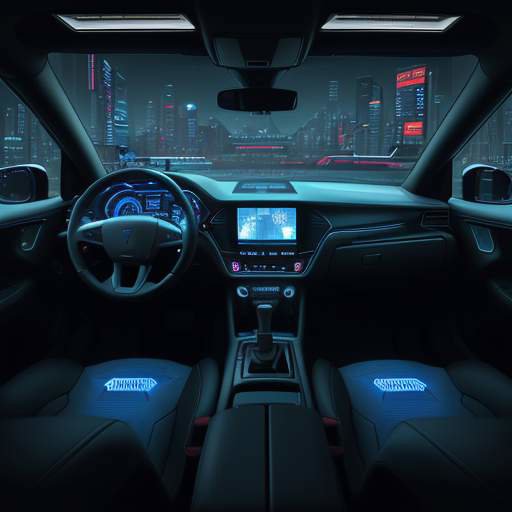 Futuristisches digitales Dashboard in einem Auto mit einem leuchtenden Schutzschild und einer blauen Barriere gegen rote Warnsymbole vor einer nächtlichen Stadtkulisse.