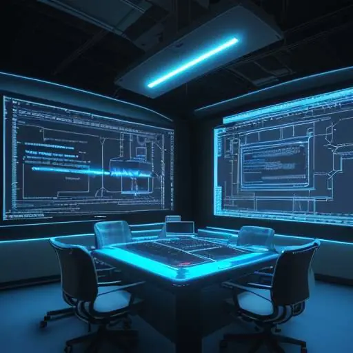 Ingenieure in einem hochmodernen Labor analysieren auf holografischen Bildschirmen komplexe Sicherheitsarchitekturen und einen digitalen Schutzschild für ein Fahrzeug.