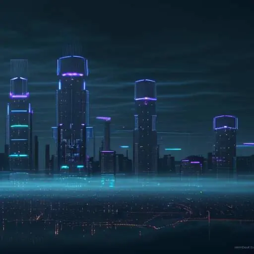 Stilisierte Visualisierung einer digitalen Stadtinfrastruktur, bei der leuchtende 5G-Signale Fahrzeuge mit Funkmasten und einem zentralen Cloud-Hub verbinden. Die Szene ist in futuristischen Blau- und Cyantönen gehalten und verdeutlicht die Vernet…
