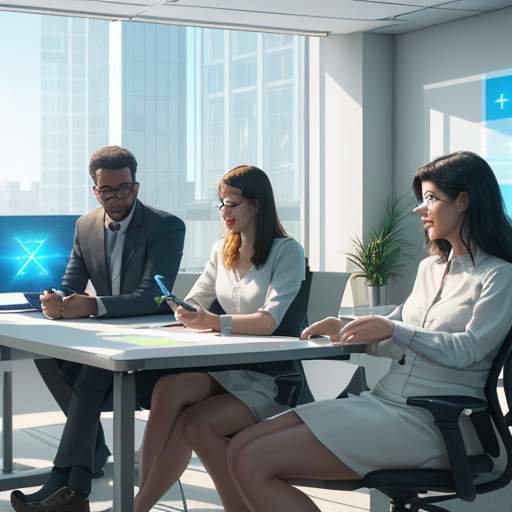 Drei diverse Fachkräfte arbeiten in einem sonnendurchfluteten, modernen Büro zusammen mit einem freundlichen holografischen Avatar, der ein 3D-Wachstumsdiagramm projiziert.