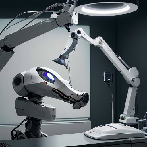 Ein chirurgischer Roboterarm führt unter hellem Licht eine präzise Operation durch, während ein Chirurg die anatomischen 3D-Daten auf einem Monitor überwacht.