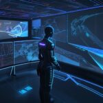 Ein futuristisches Cyber-Sicherheitszentrum mit holografischen Displays, die Datenströme und Netzwerkverbindungen in Blau und Orange visualisieren, um den Übergang zu autonomen Verteidigungsmechanismen zu symbolisieren.