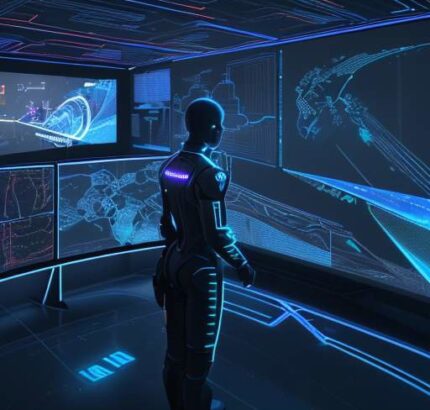 Ein futuristisches Cyber-Sicherheitszentrum mit holografischen Displays, die Datenströme und Netzwerkverbindungen in Blau und Orange visualisieren, um den Übergang zu autonomen Verteidigungsmechanismen zu symbolisieren.