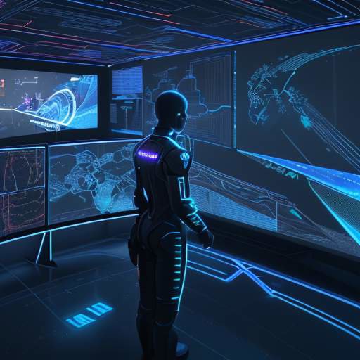Ein futuristisches Cyber-Sicherheitszentrum mit holografischen Displays, die Datenströme und Netzwerkverbindungen in Blau und Orange visualisieren, um den Übergang zu autonomen Verteidigungsmechanismen zu symbolisieren.