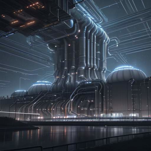 Ein futuristisches Industriezentrum bei Nacht, in dem ein modernes Rechenzentrum mit einem Kraftwerk und einer Kernreaktionsdome verbunden ist, symbolisiert die komplexe Energieinfrastruktur für Cloud-Technologien.