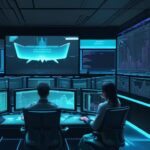 Ein futuristisches IT-Operationszentrum mit leuchtenden Hologrammen, Datenströmen und Netzwerkdiagrammen in einer modernen Atmosphäre aus Blau- und Teal-Tönen.