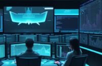 Ein futuristisches IT-Operationszentrum mit leuchtenden Hologrammen, Datenströmen und Netzwerkdiagrammen in einer modernen Atmosphäre aus Blau- und Teal-Tönen.