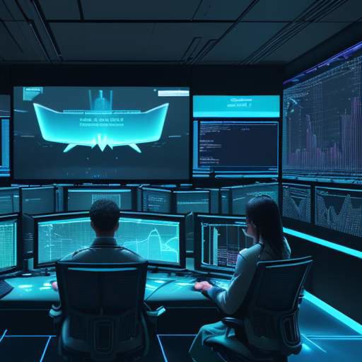 Ein futuristisches IT-Operationszentrum mit leuchtenden Hologrammen, Datenströmen und Netzwerkdiagrammen in einer modernen Atmosphäre aus Blau- und Teal-Tönen.