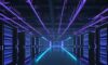 Ein futuristisches Rechenzentrum mit leuchtenden Server-Racks und Glasfaserleitungen, überlagert von einem holografischen Display, das komplexe neuronale Netze und Datenströme visualisiert.