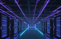 Ein futuristisches Rechenzentrum mit leuchtenden Server-Racks und Glasfaserleitungen, überlagert von einem holografischen Display, das komplexe neuronale Netze und Datenströme visualisiert.