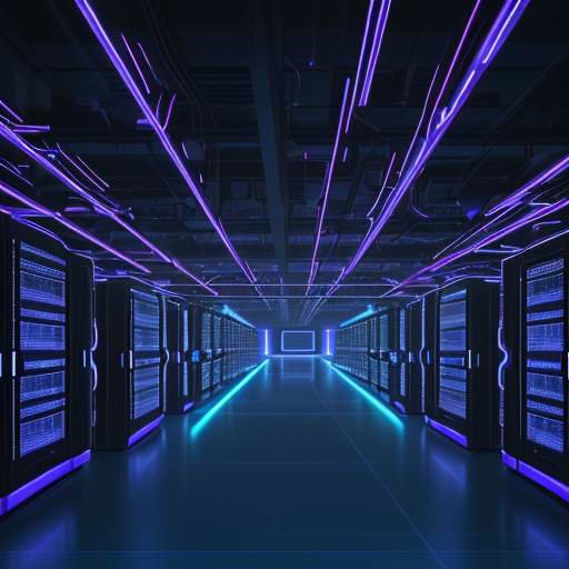 Ein futuristisches Rechenzentrum mit leuchtenden Server-Racks und Glasfaserleitungen, überlagert von einem holografischen Display, das komplexe neuronale Netze und Datenströme visualisiert.