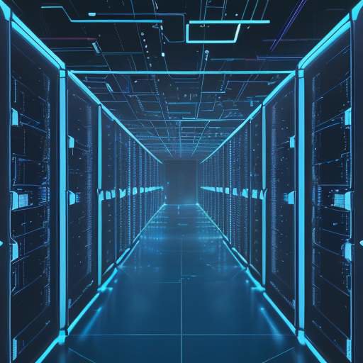 Ein futuristisches Rechenzentrum mit leuchtenden Serverracks und holografischen Overlays, die vernetzte Sicherheitsnetze, Verschlüsselung und KI-gestützte Schutzschichten visualisieren.