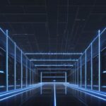 Ein futuristisches, weitläufiges Rechenzentrum bei Dämmerung mit leuchtenden blauen LED-Elementen und Dampf aus den Lüftungen vor einer industriellen Kulisse unter einem violetten Abendhimmel.