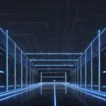 Ein futuristisches, weitläufiges Rechenzentrum bei Dämmerung mit leuchtenden blauen LED-Elementen und Dampf aus den Lüftungen vor einer industriellen Kulisse unter einem violetten Abendhimmel.