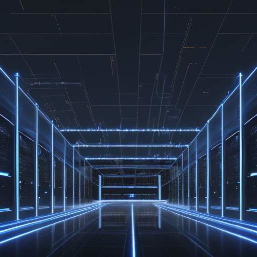 Ein futuristisches, weitläufiges Rechenzentrum bei Dämmerung mit leuchtenden blauen LED-Elementen und Dampf aus den Lüftungen vor einer industriellen Kulisse unter einem violetten Abendhimmel.