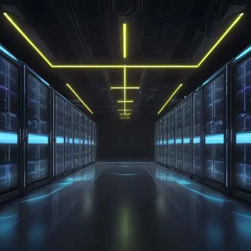Ein glühender Mikrochip mit goldenen Lichtwellen, die Datenfluss und Energieeffizienz in einem High-Tech-Serverraum symbolisieren.