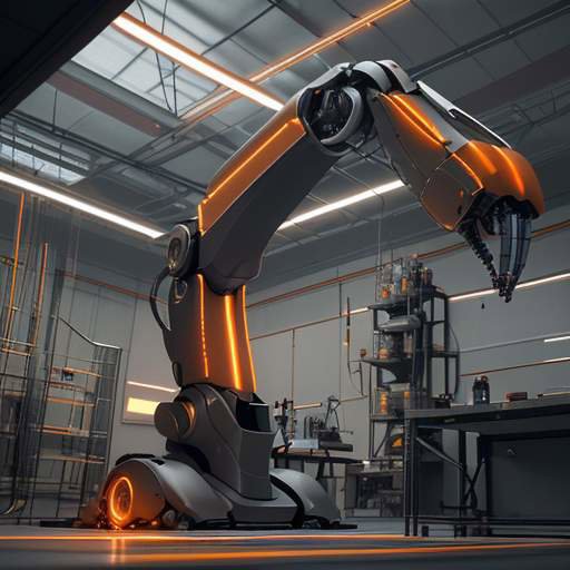 Ein hochmoderner Industrieroboterarm führt präzise Schweißarbeiten in einer High-Tech-Fertigungsanlage aus, wobei Funken und glühende Akzente die fortschrittliche Technologie und KI-gestützte Präzision visualisieren.