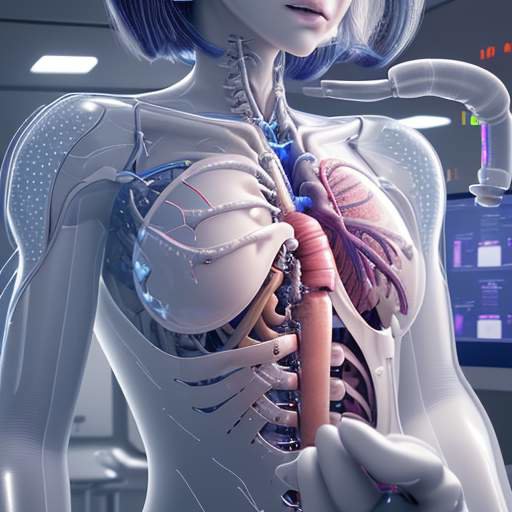 Ein hochmoderner medizinischer Laborbereich mit einem holografischen 3D-Modell von Herz und Lunge sowie einem Arzt, der ein transparentes Tablet bedient.