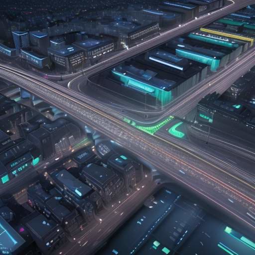 Ein hochmodernes Kontrollzentrum mit einer digitalen Karte einer Smart City, die leuchtende Verkehrsverbindungen und holografische Datenvisualisierungen zur Echtzeit-Überwachung von Verkehrsfluss und Systemzuständen zeigt.