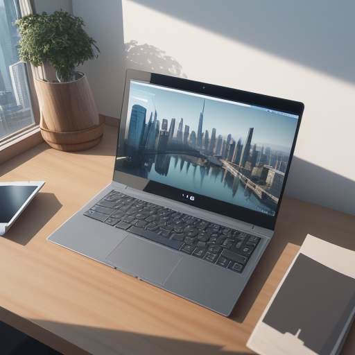 Ein moderner Laptop auf einem Holztisch zeigt ein detailliertes 3D-Stadtmodell auf dem Bildschirm, um die effiziente Texturkompression und Grafikqualität zu visualisieren.