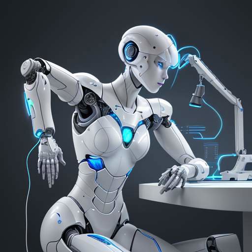 Ein Roboterarm mit Präzisionssensoren montiert eine Leiterplatte in einer sterilen Umgebung, wobei blaue Lichteffekte die hochpräzise Arbeit an der Hardware verdeutlichen.