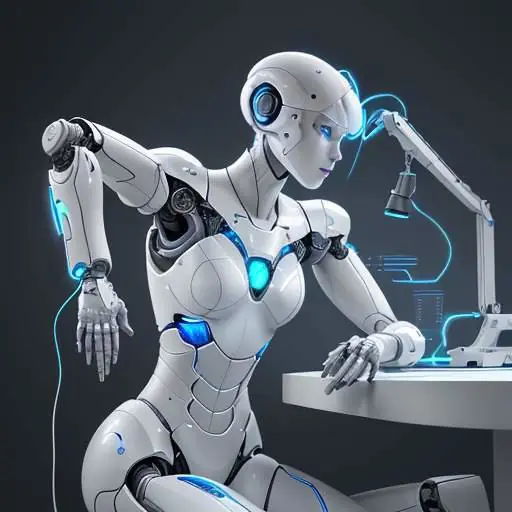 Ein Roboterarm mit Präzisionssensoren montiert eine Leiterplatte in einer sterilen Umgebung, wobei blaue Lichteffekte die hochpräzise Arbeit an der Hardware verdeutlichen.