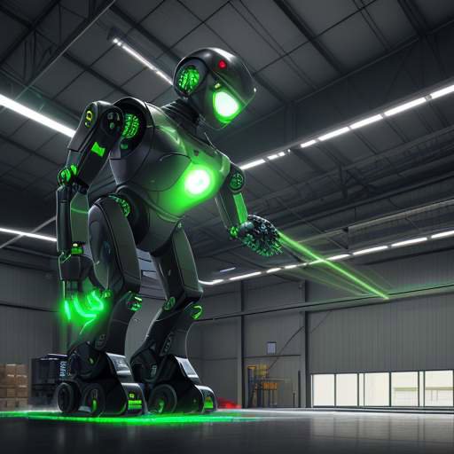Ein Roboterarm scannt präzise ein Paket in einem modernen Hightech-Lager mit einer leuchtenden Laserlinie und grünen LED-Statusanzeigen.