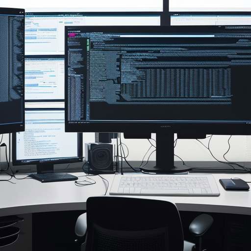 Ein Softwareentwickler arbeitet an einem modernen Arbeitsplatz mit drei Monitoren, auf denen Code durch eine KI-Overlay-Technologie in Echtzeit korrigiert und Systemdiagramme visualisiert werden.