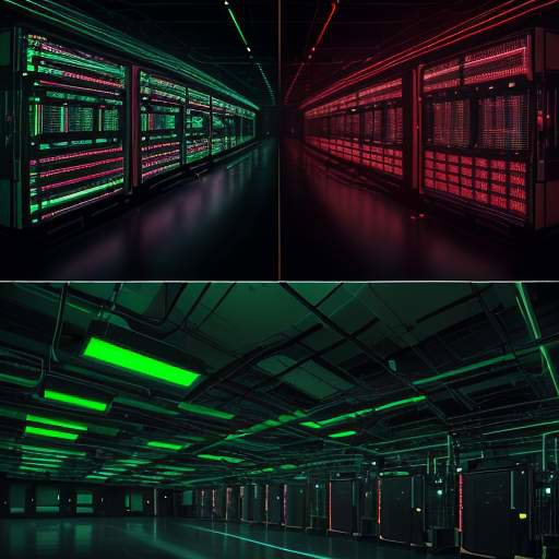 Ein Split-Screen-Vergleich: Links ein chaotischer Serverraum mit roten Warnleuchten, rechts ein ruhiger, organisierter Rechenzentrumsbereich mit grünen Lichtern und einem digitalen Dashboard, das die Effizienz von AIOps visualisiert.