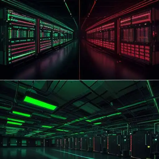 Ein Split-Screen-Vergleich: Links ein chaotischer Serverraum mit roten Warnleuchten, rechts ein ruhiger, organisierter Rechenzentrumsbereich mit grünen Lichtern und einem digitalen Dashboard, das die Effizienz von AIOps visualisiert.