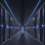 Ein weitläufiges, futuristisches Rechenzentrum bei Dämmerung mit glühenden blauen LED-Akzenten und sichtbaren Serverreihen, das die massive Infrastruktur für KI-Entwicklungen visualisiert.