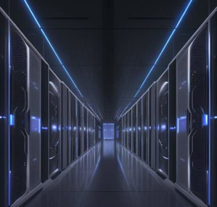 Ein weitläufiges, futuristisches Rechenzentrum bei Dämmerung mit glühenden blauen LED-Akzenten und sichtbaren Serverreihen, das die massive Infrastruktur für KI-Entwicklungen visualisiert.