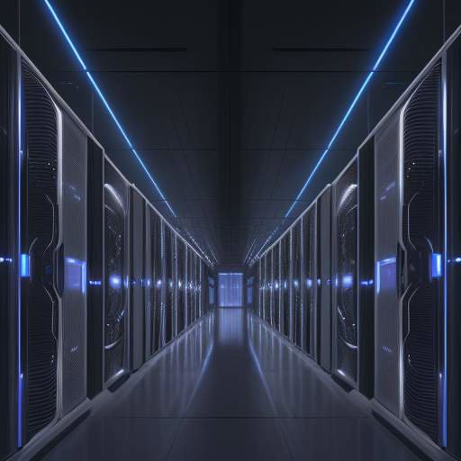 Ein weitläufiges, futuristisches Rechenzentrum bei Dämmerung mit glühenden blauen LED-Akzenten und sichtbaren Serverreihen, das die massive Infrastruktur für KI-Entwicklungen visualisiert.