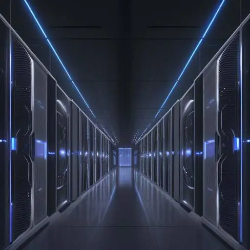 Ein weitläufiges, futuristisches Rechenzentrum bei Dämmerung mit glühenden blauen LED-Akzenten und sichtbaren Serverreihen, das die massive Infrastruktur für KI-Entwicklungen visualisiert.