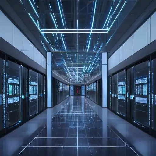 Ein weitläufiges, modernes Rechenzentrum bei Sonnenuntergang mit Glasfassaden, blauen LED-Akzenten und sichtbaren Serverreihen in einer futuristischen Industrieanlage.