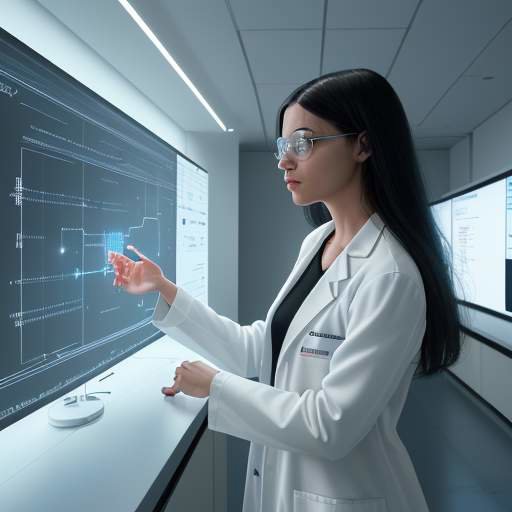 Ein Wissenschaftler in einem modernen Labor interagiert mit einer großen Glasscheibe, auf der komplexe mathematische Gleichungen und neuronale Netze zur Visualisierung von KI-Grundlagen dargestellt werden.