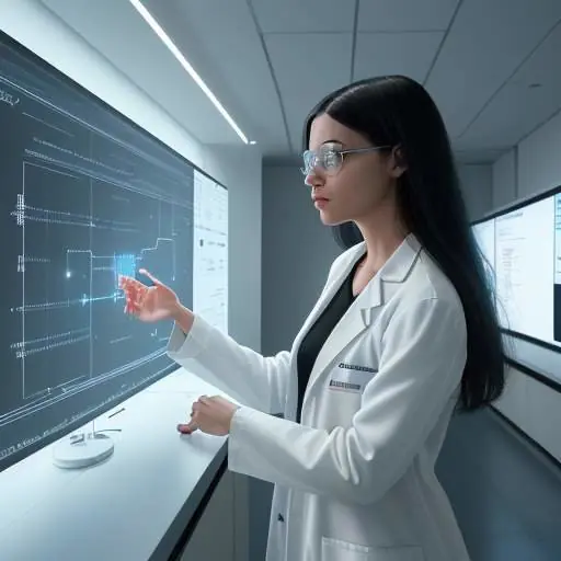 Ein Wissenschaftler in einem modernen Labor interagiert mit einer großen Glasscheibe, auf der komplexe mathematische Gleichungen und neuronale Netze zur Visualisierung von KI-Grundlagen dargestellt werden.