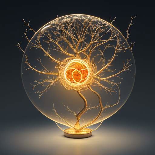 Eine 3D-Visualisierung eines KI- neuronalen Netzwerks mit einem leuchtenden goldenen Kern und Verzweigungen zu Symbolen für Einstellungen, Suche, Programmierung und E-Mail auf dunklem Hintergrund.