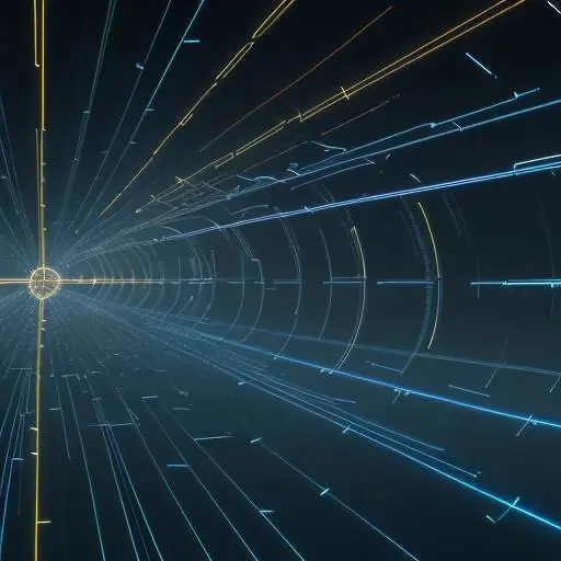 Eine abstrakte Visualisierung von goldenen und blauen Lichtlinien, die durch ein digitales Datennetzwerk fließen und den hohen Energiebedarf beim Training von KI-Modellen symbolisieren.