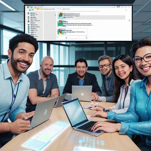Eine diverse Gruppe von lächelnden Entwicklern arbeitet in einem modernen Büro zusammen, während subtile Hologramme von Schilden und Häkchen die automatisierten Sicherheitsmaßnahmen im Hintergrund symbolisieren.