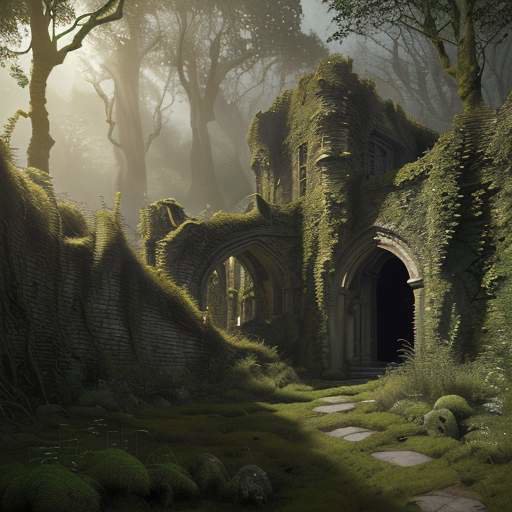 Eine filmische Weitwinkelaufnahme einer verfallenen, mit Moos und Ranken bewachsenen Burg in einer Fantasy-Landschaft während der goldenen Stunde, die detaillierte Texturen und realistische Grafik zeigt.