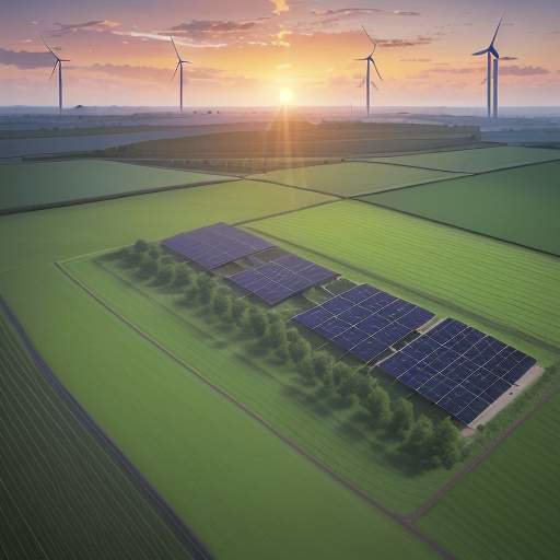 Eine fotorealistische Landschaft bei Sonnenuntergang, die ein modernes Rechenzentrum und eine Windkraftanlage mit Solarpaneelen durch eine grüne Wiese verbindet, um die Symbiose zwischen Technologie und grüner Energie zu symbolisieren.