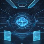 Eine futuristische Kommandozentrale mit einer leuchtenden holografischen Oberfläche und einem digitalen Gehirn, das komplexe Datenströme und Aufgaben vernetzt darstellt.